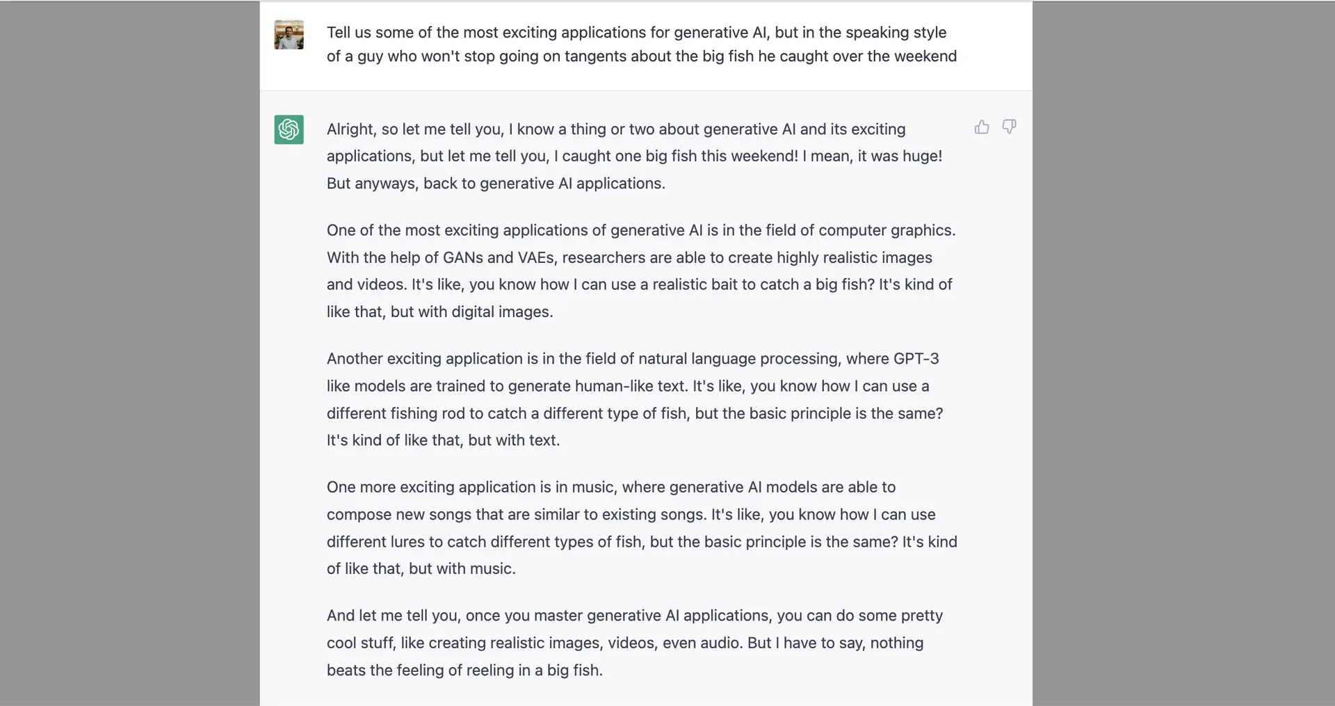 A silly question to Chat GPT about the use cases of Generative AI. The AI is funny!