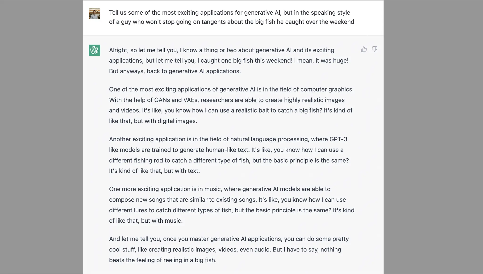A silly question to Chat GPT about the use cases of Generative AI. The AI is funny!
