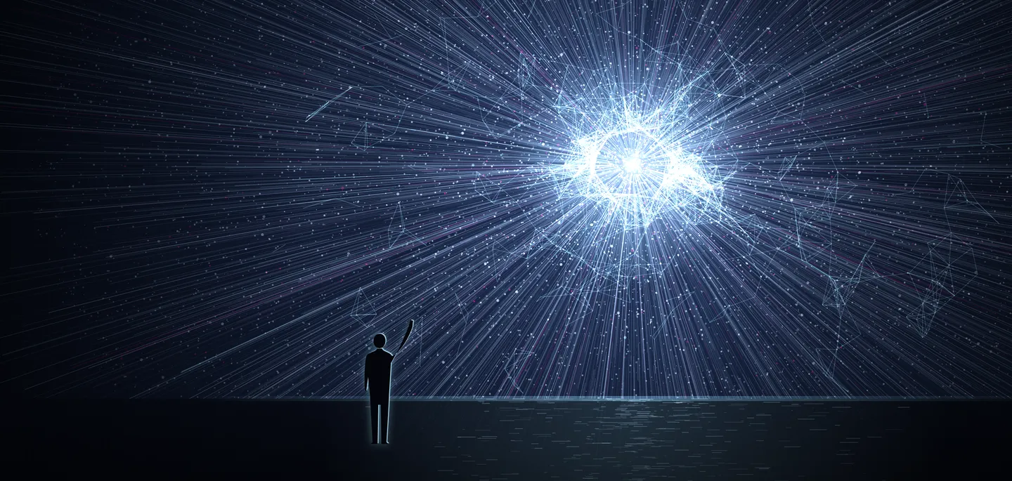 A silhouette of a person stands facing a vast, radiant digital network or cosmic burst, with glowing lines and nodes.