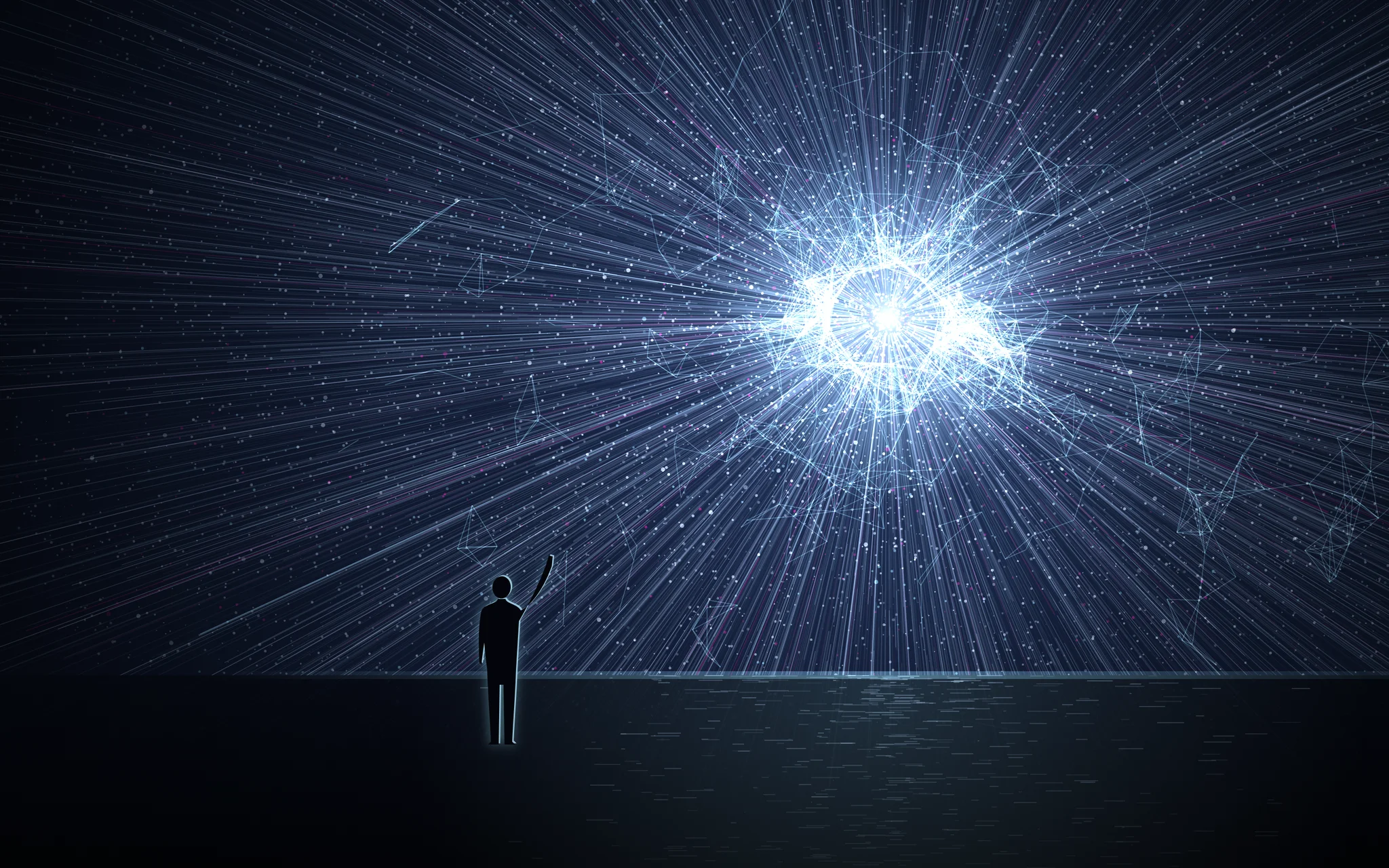 A silhouette of a person stands facing a vast, radiant digital network or cosmic burst, with glowing lines and nodes.